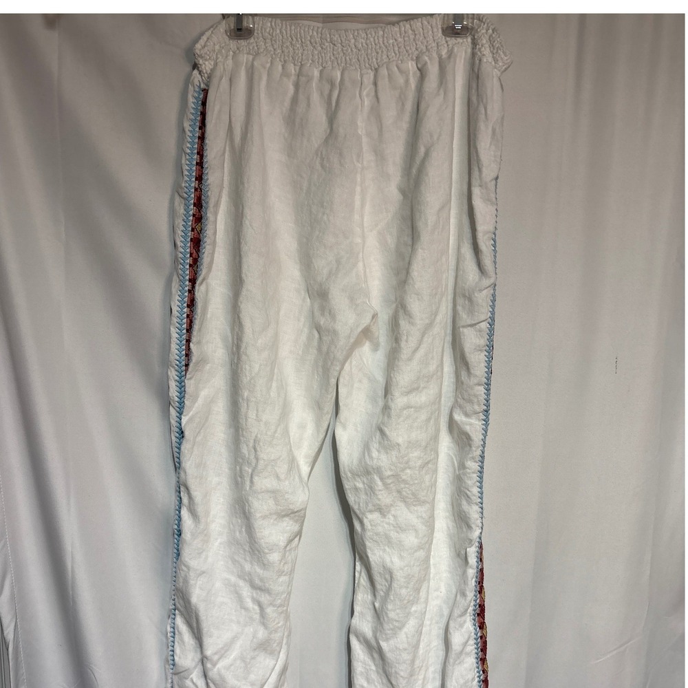 JW Los Angeles Womens XXL White Linen Embroidered Side Stripe Smocked Pants - Picture 5 of 7